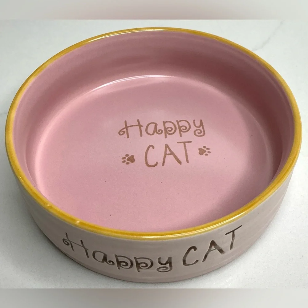 Spectrum Cat Bowl Ceramic Pink Pet Dish Food Water Happy Cat Pawprints 5.25